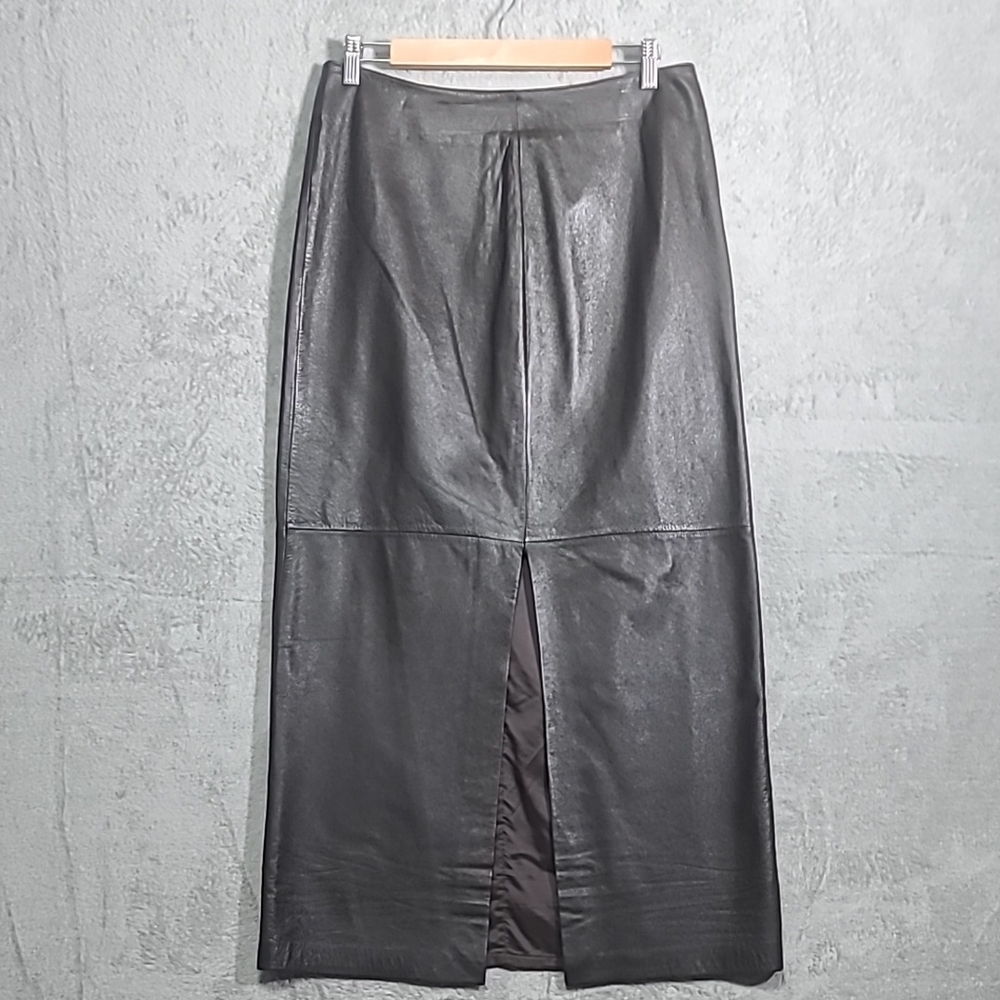 III STATE Brown Maxi Genuine Leather Skirt with Slit